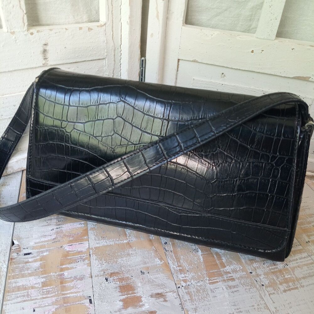 Vintage Y2K Shoulder Bag Organizer Pockets Black Bag Liz Claiborne Crazy Horse